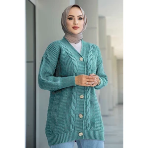 Kadın Triko Hırka Akrilik iplik 80 cm Saç Örgülü Su Yeşili