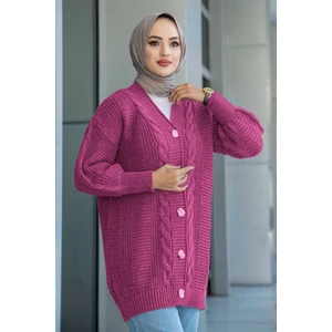 Kadın Triko Hırka Akrilik iplik 80 cm Saç Örgülü Fuşya