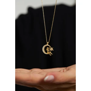 Zirkon Taşlı Gold Kız Figürlü Ay Yıldız Gümüş Kolye
