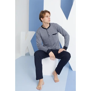 Erkek Uzun Kol Düğmeli Yaka Mevsimlik %100 Pamuk Lacivert Pijama Takımı C9T2N6O1