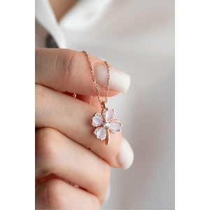 925 Ayar Gümüş Açık Lila Renk Taşlı Dört Yapraklı Şans Yonca Kolye