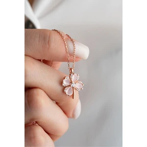 925 Ayar Gümüş Pembe Zirkon Taşlı Dört Yapraklı Şans Yonca Kolye