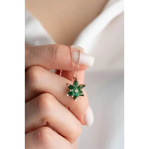 925 Ayar Gümüş Rose Yeşil Taşlı Lotus Çiçeği Kolye