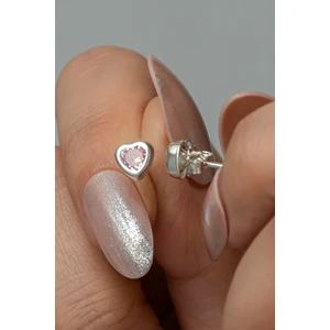 925 Ayar Gümüş Rodyum Kaplama Pembe Taşlı Kalp Küpe