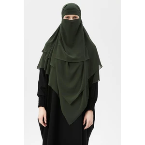 Hazır Pratik Şifon Üç Katlı Peçeli Üçgen Hac Umre Şalı Sufle Hijab Nikap - Haki