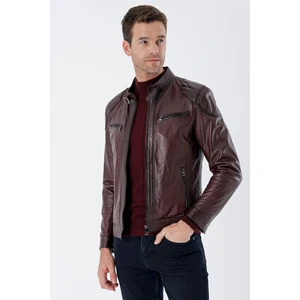 Bordo Gömlek Yaka Hakiki Deri Slim Fit Dar Kesim Casual Mont 1038235201