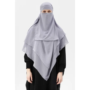Hazır Pratik Şifon Üç Katlı Peçeli Üçgen Hac Umre Şalı Sufle Hijab Nikap - Gri