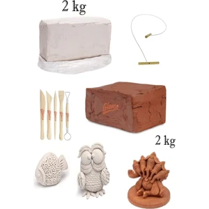 Doğal Kırmızı Kil Seramik Çamuru 2 kg Vakumlu Seramik Çamuru Beyaz 2 kg Kesme Teli Ebeşuar Set