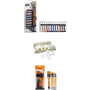 Art-X 12 ml 12 'li Renk Tüp Akrilik Set-Rich Set8 Fırça-Rich Şişeli Palet 3'lü Set