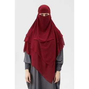 Hazır Pratik Şifon Üç Katlı Peçeli Üçgen Hac Umre Şalı Sufle Hijab Nikap - Bordo