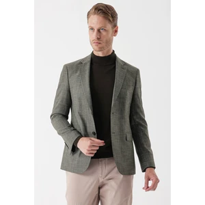 Koyu Haki Desenli Armürlü Mono Yaka Çift Yırtmaç 6 Drop Slim Fit Dar Kesim Klasik Ceket 1002235133