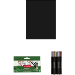 Siyah Tuval 25X35 cm Derwent Academy 8'li Metalik Marker Kalem Seti
