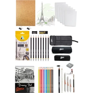 35X50 Duralit Set Adel Dereceli Kalem Seti 8'li Kuruboya Kalemi Çantalı Çizim Eskiz Seti