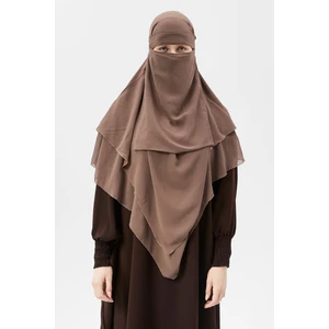 Hazır Pratik Şifon Üç Katlı Peçeli Üçgen Hac Umre Şalı Sufle Hijab Nikap - Koyu Vizon
