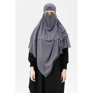 Hazır Pratik Şifon Üç Katlı Peçeli Üçgen Hac Umre Şalı Sufle Hijab Nikap - Füme