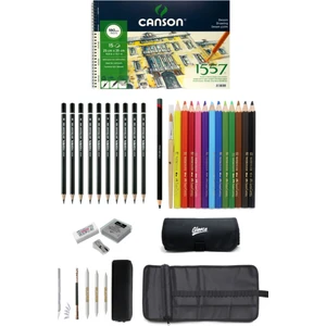 Canson Resim Defteri 25X35CM180 gr 15 Yaprak Faber-Castell Grip Boya Kalemi Çantalı Çizim Eskiz Seti