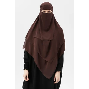 Hazır Pratik Şifon Üç Katlı Peçeli Üçgen Hac Umre Şalı Sufle Hijab Nikap -Kahverengi