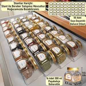 Color House 16 Adet Paşabahçe Home Made Luxury Baharatlık Cam Kavanoz Gold Kapaklı 300 cc (Stantlar Hariçtir)
