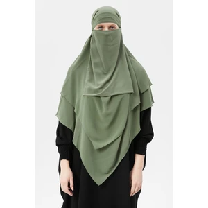 Hazır Pratik Şifon Üç Katlı Peçeli Üçgen Hac Umre Şalı Sufle Hijab Nikap - Fıstık Yeşili