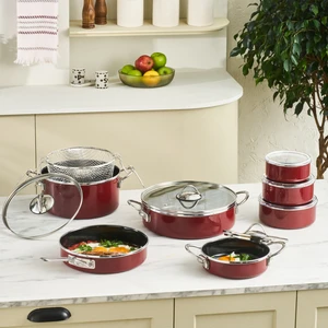 Erva Emaye Indüksiyon Tabanlı 14 Parça Tencere Çeyiz Seti Bordo