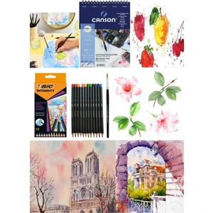 Bic Intensity Aquarelle Kuru-Suluboya Kalemi 12 Renk Canson Defter A5 200 gr Set