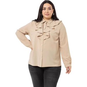 Disentis Modest Büyük Beden Yakası Çift Volanlı Bej Rengi Gömlek