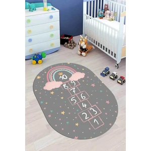 Evdeya Kaymaz Taban Yıkanabilir Yıldızlı Sek Sek Desen Oval Çocuk Odası Oyun Halısı, O-Çocuk-12-Antrasit,