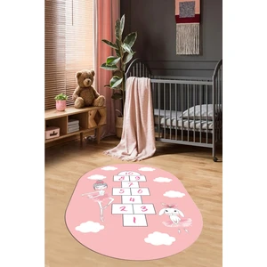 Evdeya Dijital Baskılı Kaymaz Yıkanabilir Seksekli Bulutlu Oval Çocuk Odası Halısı, O-Çocuk-04-Pembe,