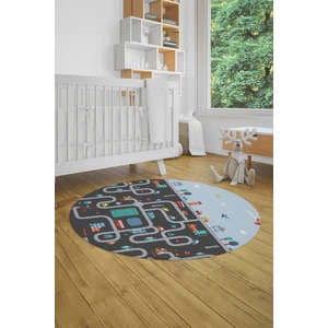 Evdeya Dijital Kaymaz Yıkanabilir Şehir Trafik Temalı Yuvarlak Çocuk Odası Oyun Halısı, Y-Çocuk-19-Antrasit,