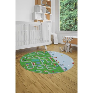 Evdeya Dijital Kaymaz Yıkanabilir Şehir Trafik Temalı Yuvarlak Çocuk Odası Oyun Halısı, Y-Çocuk-19-Yeşil,