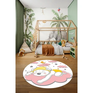Evdeya Dijital Kaymaz Yıkanabilir Sevimli Ayıcık Desen Yuvarlak Çocuk Odası Halısı, Y-Çocuk-34-Pembe,