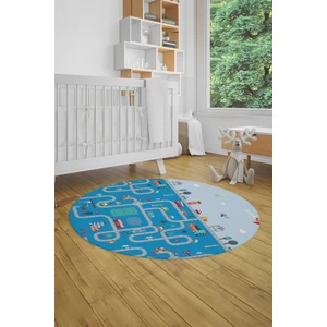 Evdeya Dijital Kaymaz Yıkanabilir Şehir Trafik Temalı Yuvarlak Çocuk Odası Oyun Halısı, Y-Çocuk-19-Mavi,