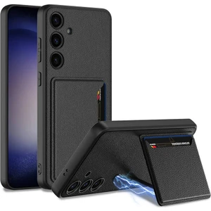 ZORE Galaxy Uyumlu S24 Plus Suni Deri Arka Yüzey Sürgülü Kamera Korumalı Kartlıklı Kıpta Silikon Kapak - Siyah