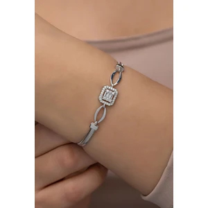 925 Ayar Gümüş Rodyum Kaplama Balık Sırtı Zincirli Baget Taşlı Tektaş Bileklik