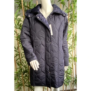 Kadın Büyük Beden Kapüşonlu 95 cm Damla Desen Lacivert Kapitone Mont 1007