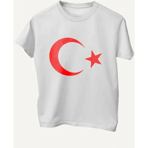 %100PAMUK Standart Kesim Sıfır Yaka Kısa Kollu Kırmızı Ay-Yıldız Baskılı Beyaz 23 Nisan Çocuk T-Shirt