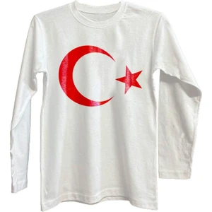 %100PAMUK Standart Kesim Sıfır Yaka Uzun Kollu Kırmızı Ay-Yıldız Baskılı Beyaz 23 Nisan Çocuk T-Shirt