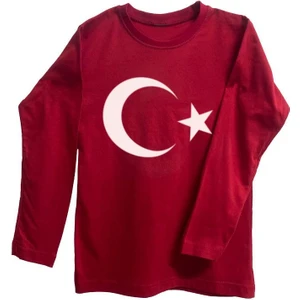 %100PAMUK Standart Kesim Sıfır Yaka Uzun Kollu Beyaz Ay-Yıldız Baskılı Kırmızı 23 Nisan Çocuk T-Shirt