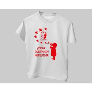%100 Pamuk Sıfır Yaka Kısa Kollu Renkli Atatürk ve Yıldızlar Baskılı 23 Nisan Çocuk T-Shirt