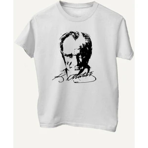 %100 Pamuk Standart Kesim Sıfır Yaka Kısa Kollu Siyah Atatürk Baskılı Beyaz 23 Nisan Çocuk T-Shirt
