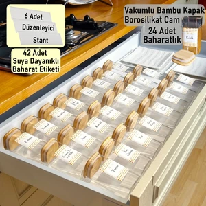 Color House 24 Adet Bambu Vakumlu Kapaklı 300 ml Borosilikat (Cam) Baharatlık Kavanoz ve 6 Adet Düzenleyici Pleksi Stant ( 30 cm * 13 cm x6 )