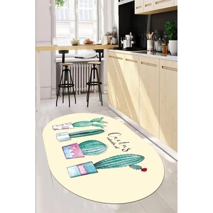 Evdeya Dijital Baskılı Kaymaz Taban Kaktüs Desenli Yıkanabilir Oval Mutfak Halısı, O-Mutfak-30-Bej,
