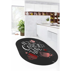 Evdeya Coffee Yazılı Renkli Fincan Desenli Yıkanabilir Kaymaz Oval Mutfak Halısı, O-Mutfak-44-Kırmızı,