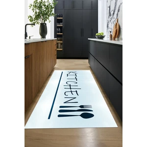 Evdeya Kitchen Yazılı Kaşık Çatal Bıçak Desenli Yıkanabilir Mutfak Halısı, Mutfak-49-Mavi,