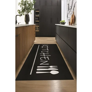 Evdeya Kitchen Yazılı Kaşık Çatal Bıçak Desenli Yıkanabilir Mutfak Halısı, Mutfak-49-Siyah,
