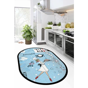 Evdeya Dijital Baskılı Yıkanabilir Kaymaz Kitchen Yazılı Aşçı Oval Mutfak Halısı, O-Mutfak-03-Mavi,