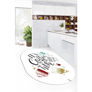 Evdeya Coffee Yazılı Renkli Fincan Desenli Yıkanabilir Kaymaz Oval Mutfak Halısı, O-Mutfak-44-Beyaz,