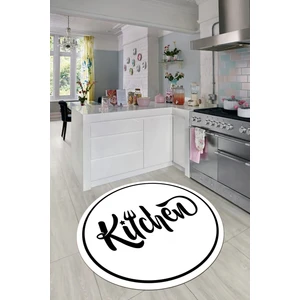 Evdeya Kitchen Yazılı Çerçeveli Kaymaz Taban Yıkanabilir Yuvarlak Mutfak Halısı, Y-Mutfak-42-Beyaz,