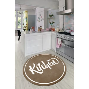 Evdeya Kitchen Yazılı Çerçeveli Kaymaz Taban Yıkanabilir Yuvarlak Mutfak Halısı, Y-Mutfak-42-Kahve,