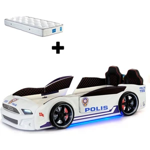 Türk Polis Arabalı Yatak Kapıları Açılan Mustang Full Ledli Kumandalı ve Müzikli + Ortopedik Yatak